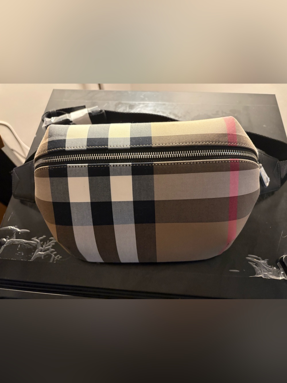 Burberry Tan and Black Check Belt Bag with Pink Accent